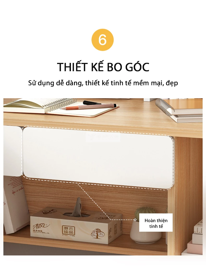 thiết kế bo góc mềm mại của Bàn học sinh kết hợp giá sách SD196