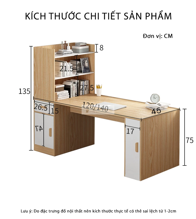 kích thước chi tiết của Bàn học sinh kết hợp giá sách SD216