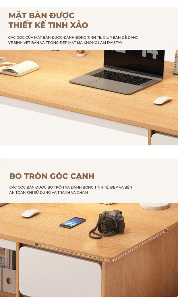 thiết kế bo góc tinh tế của Bàn học sinh kết hợp tủ lưu trữ đa năng SD148