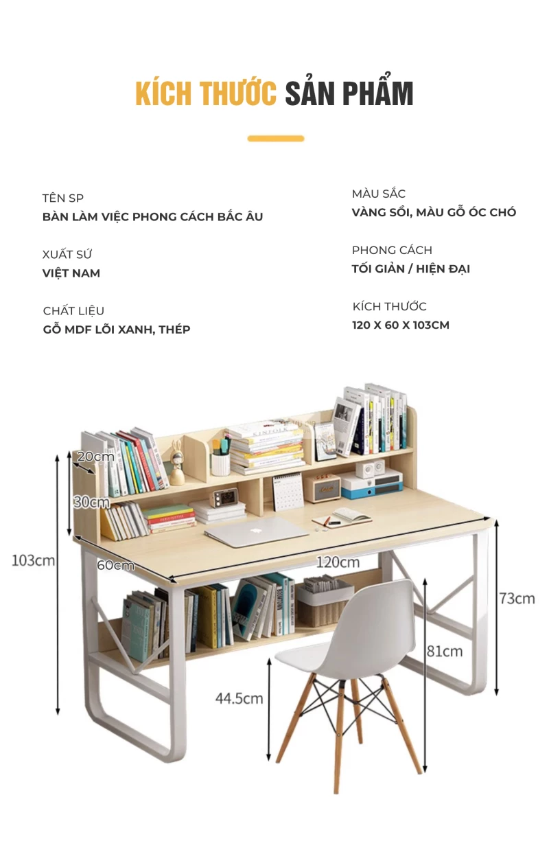 kích thước chi tiết của Bàn học sinh tích hợp giá sách SD182