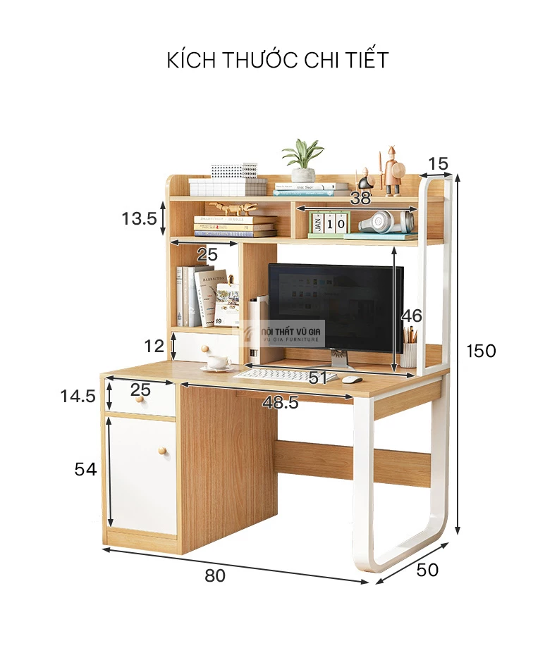 kích thước chi tiết của Bàn học sinh tích hợp tủ và kệ sách hiện đại SD118