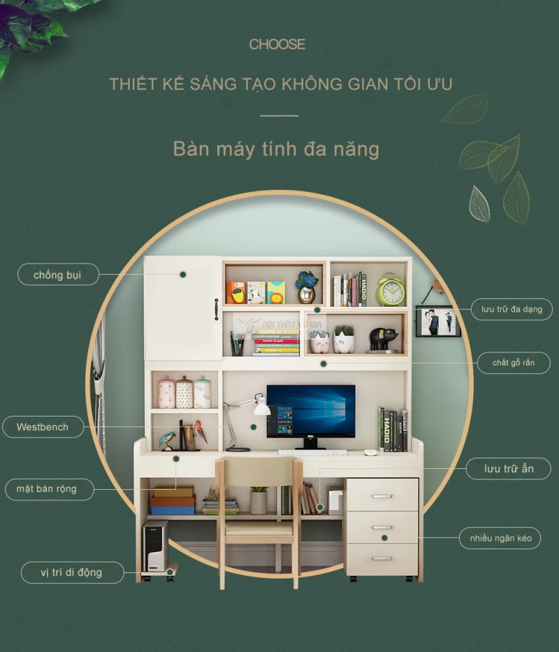 chi tiết không gian lưu trữ của Bàn học thiết kế đa lưu trữ SD126