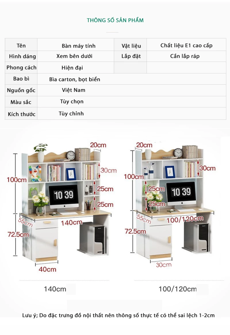 kích thước chi tiết của Bàn học thiết kế thông minh, tiện lợi SD127