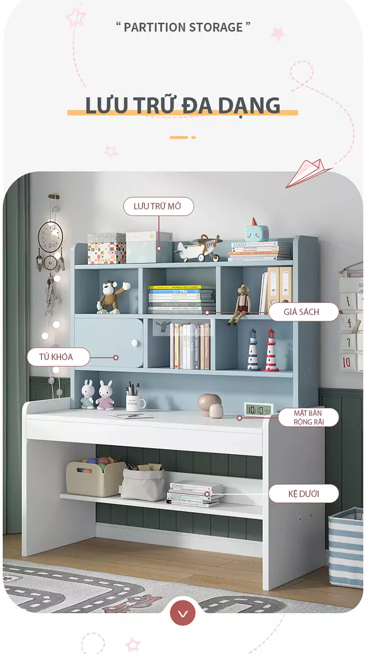 bố trí không gian lưu trữ của Bàn học thiết kế thông minh, tối ưu không gian SD57