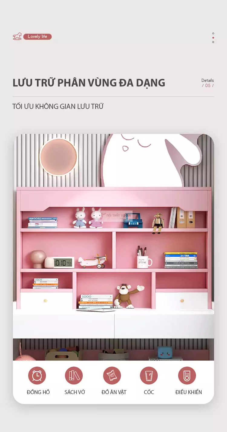 thiết kế lưu trữ phân vùng của Bàn học tích hợp kệ sách SD60