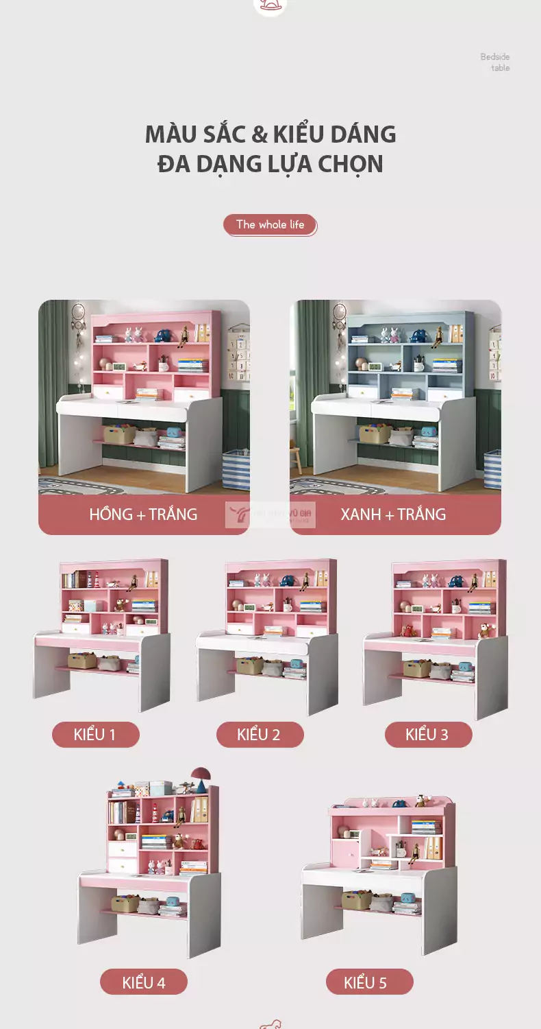 tùy chọn màu sắc và kiểu dáng của Bàn học tích hợp kệ sách SD60