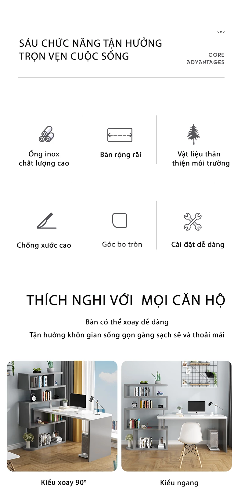 ưu điểm của Bàn học xoay thông minh có giá sách SD132