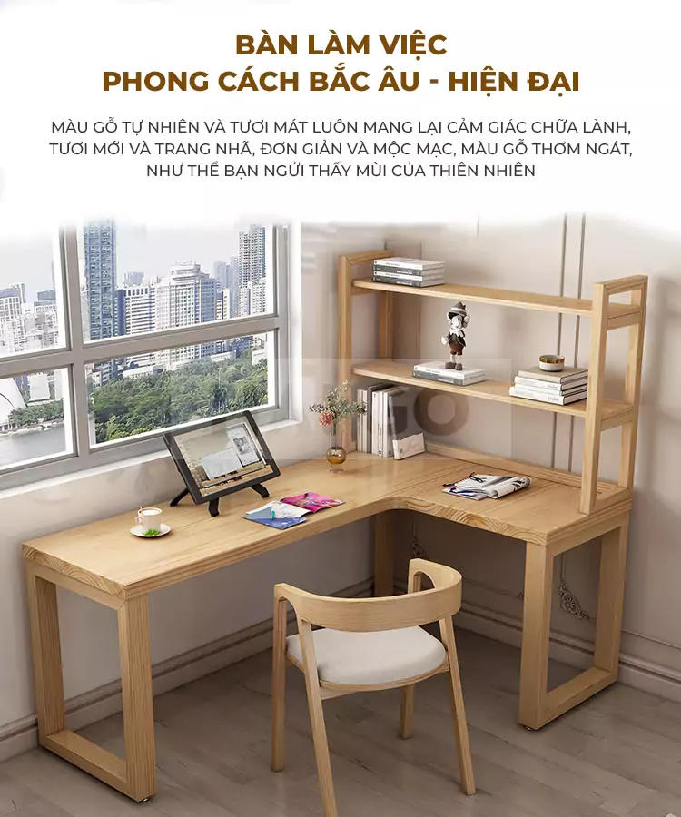 Bàn Làm Việc Chữ L Gỗ Tự Nhiên Haigo BGT086