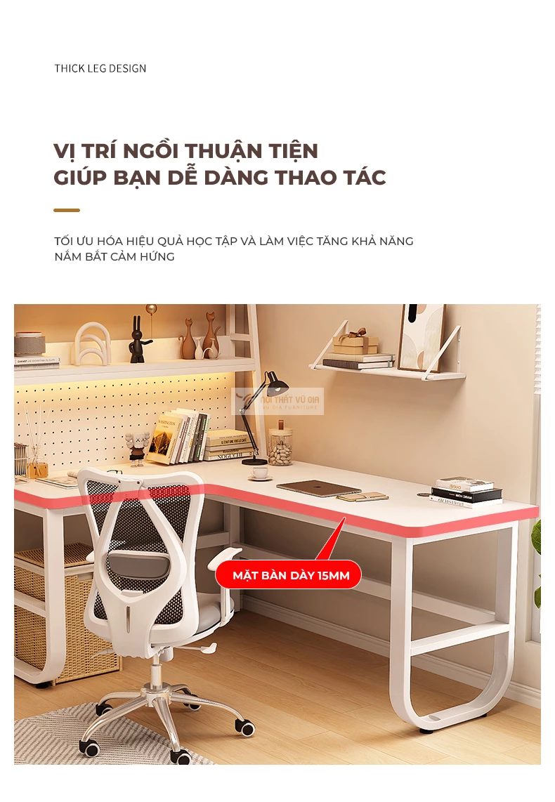 thiết kế mặt bàn dày dặn của Bàn làm việc chữ L kết hợp giá sách SD155