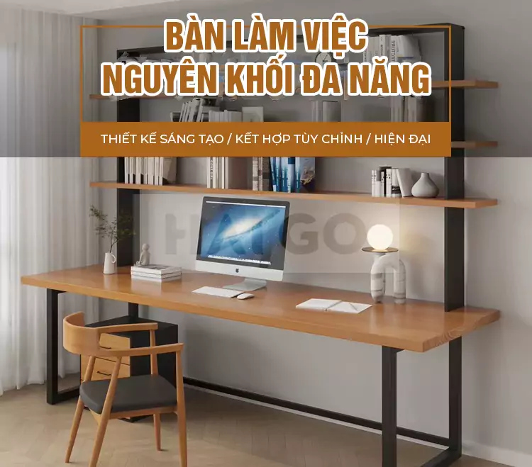 Bàn Làm Việc Gỗ Tự Nhiên Tích Hợp Kệ Sách Haigo BGT027