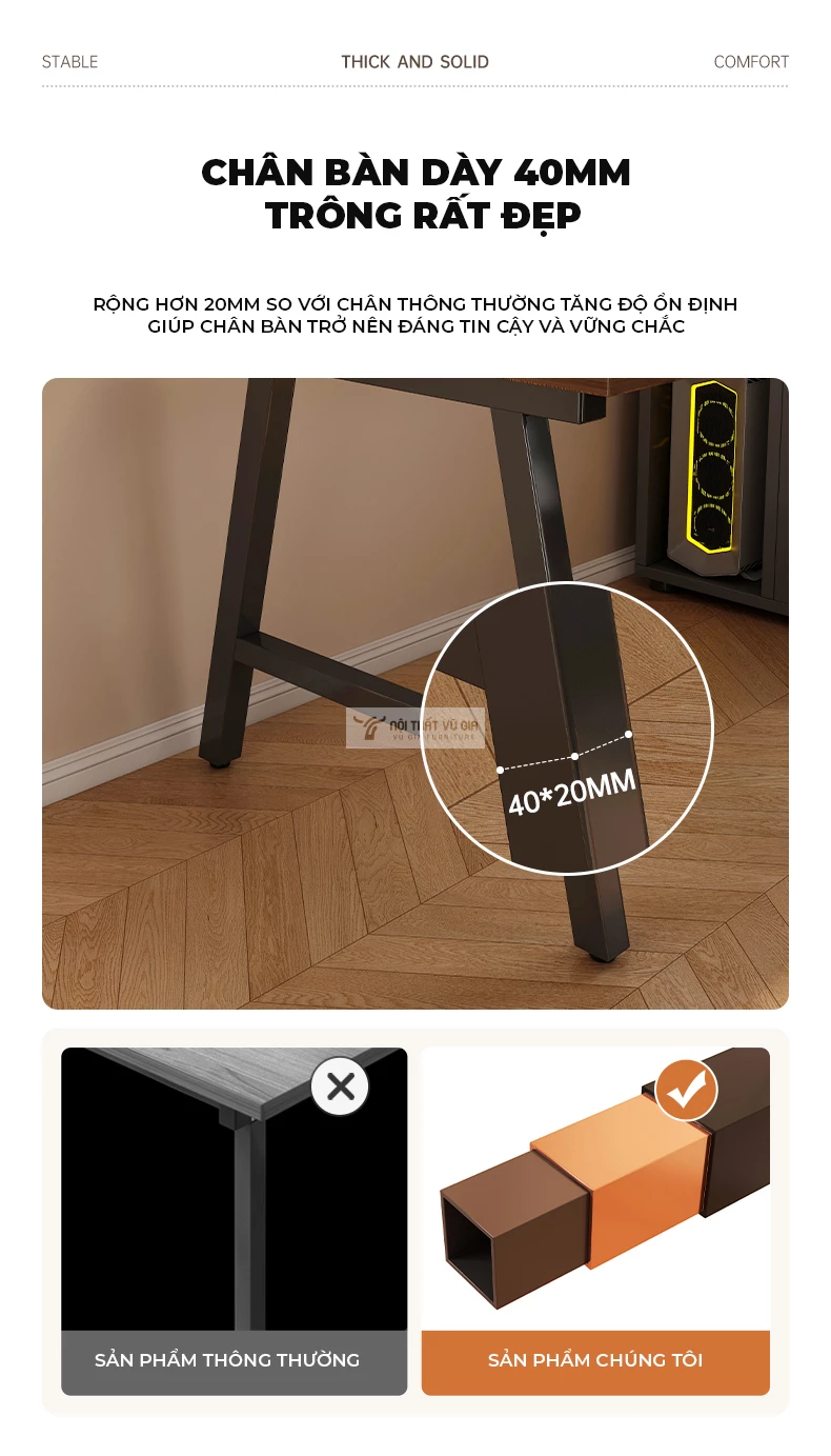 thiết kế chân thép dày dặn chắc chắn của Bàn làm việc kết hợp kệ CPU và tủ đa năng SD238