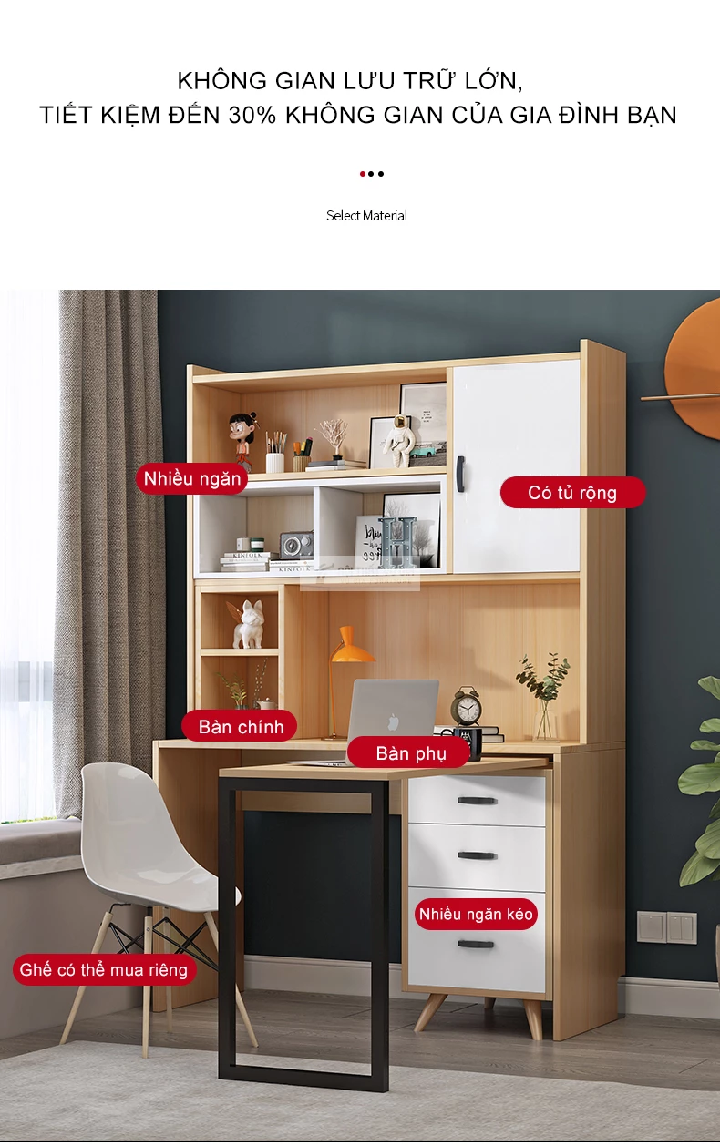 chi tiết không gian lưu trữ của Bàn làm việc kết hợp tủ và bàn phụ xoay đa năng SD209