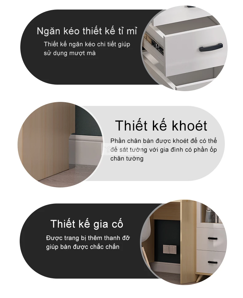 chi tiết thiết kế tỉ mỉ của Bàn làm việc kết hợp tủ và bàn phụ xoay đa năng SD209