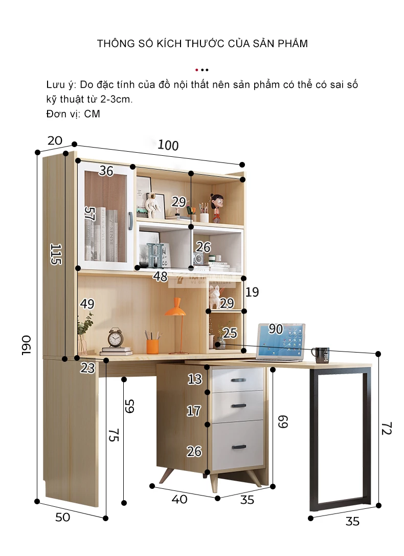 kích thước chi tiết của Bàn làm việc kết hợp tủ và bàn phụ xoay đa năng SD209