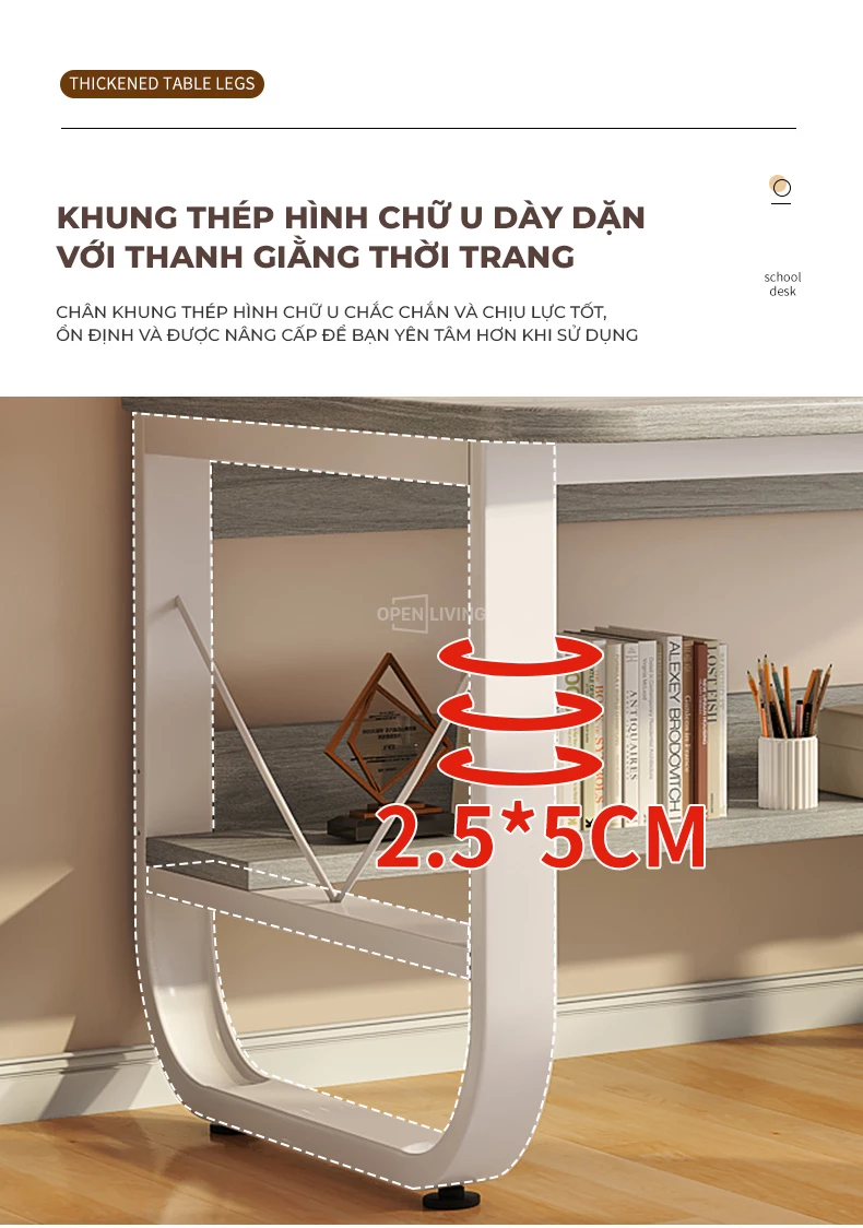 Bàn làm việc khung thép chống gỉ kèm giá sách pegboard đa năng OpenLiving OBG 050 mang đến sự bền bỉ và tiện dụng. Thiết kế khung thép chống gỉ chắc chắn, giá sách pegboard đa năng, tạo không gian làm việc gọn gàng và hiện đại. Lựa chọn hoàn hảo cho không gian làm việc của bạn.