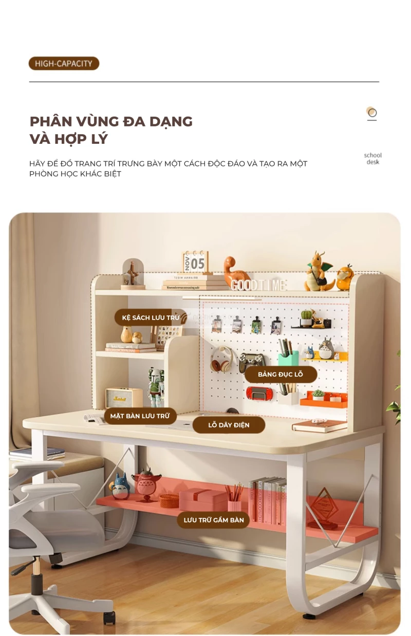 thiết kế phân vùng lưu trữ của Bàn làm việc tích hợp giá sách SD154