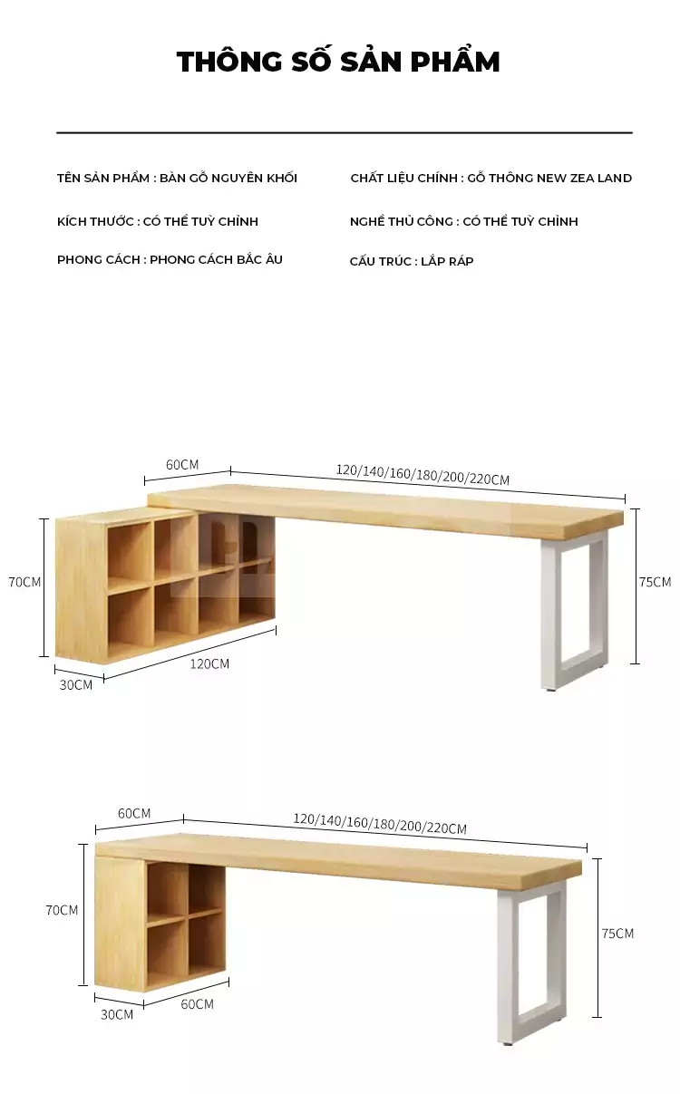 Bàn Làm Việc Tích Hợp Tủ Sách Gỗ Tự Nhiên Haigo BGT128