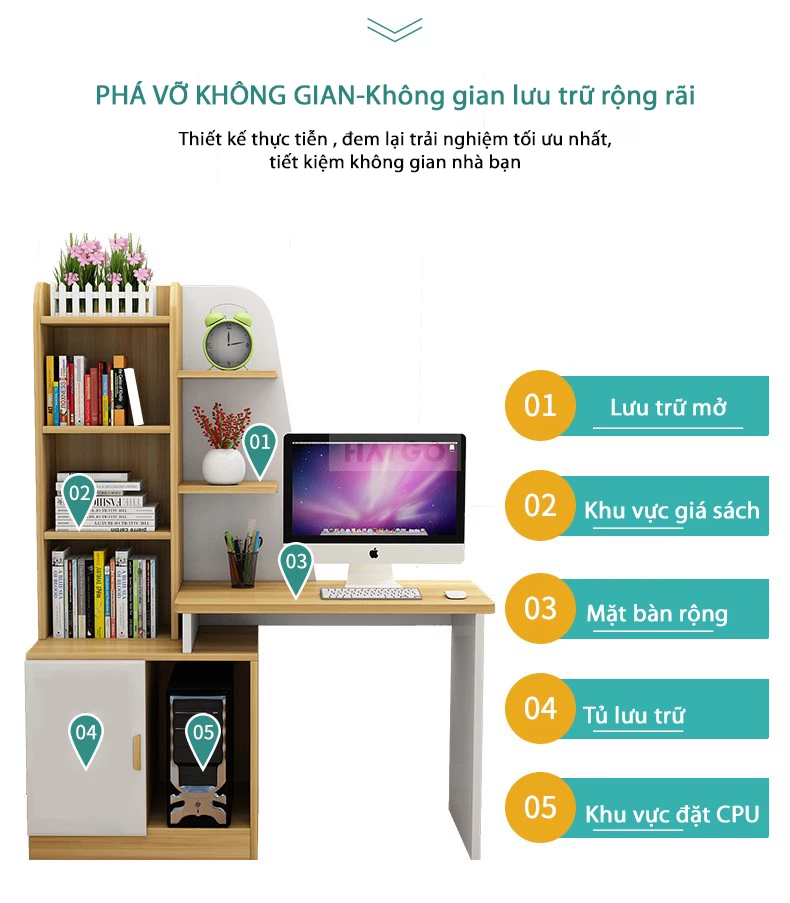 Bàn Máy Tính Kết Hợp Kệ Sách Đa Năng Haigo BHS228