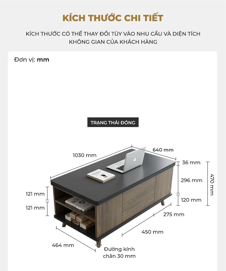 kích thước chi tiết của Bàn thông minh đa năng, tối ưu không gian KC15