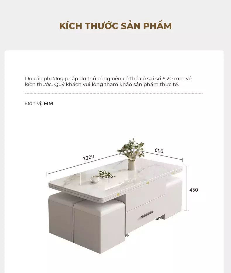 kích thước chi tiết của Bàn thông minh kết hợp ghế đa năng KC14 