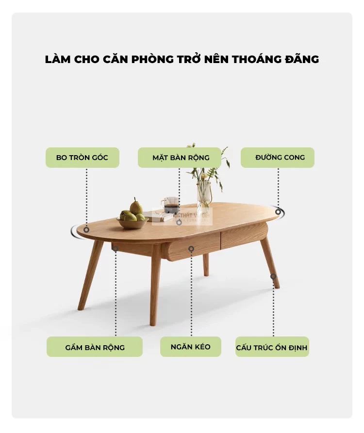chi tiết kết cấu của Bàn trà gỗ tự nhiên phòng cách tối giản, hiện đại CBK12