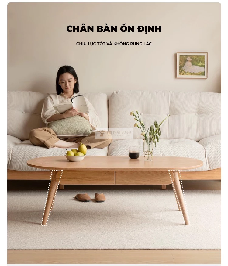 kết cấu chân bàn ổn định của Bàn trà gỗ tự nhiên phòng cách tối giản, hiện đại CBK12