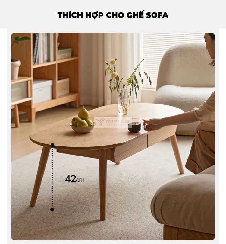 thiết kế chiều cao mặt bàn khoa học của Bàn trà gỗ tự nhiên phòng cách tối giản, hiện đại CBK12