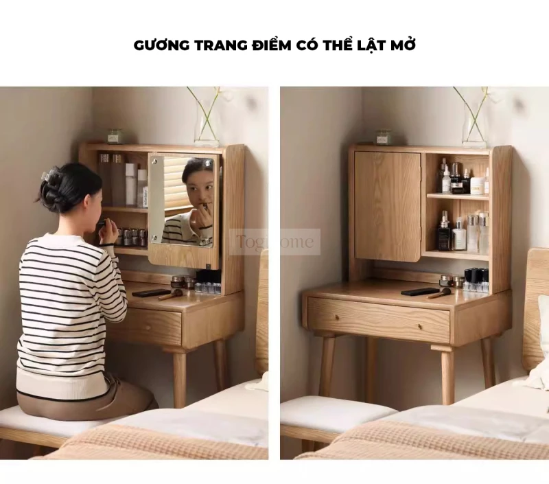 Bàn Trang Điểm Gỗ Tự Nhiên Cao Cấp Togismart TDM152 mang thiết kế hiện đại, sang trọng, phù hợp không gian phòng ngủ tinh tế. Chất liệu gỗ tự nhiên bền chắc, chống cong vênh, kết hợp gương và ngăn kéo tiện lợi, giúp bạn sắp xếp đồ gọn gàng và tạo điểm nhấn đẳng cấp cho căn phòng.