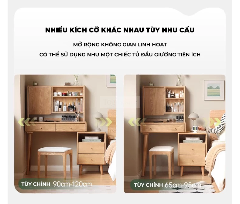 Bàn Trang Điểm Gỗ Tự Nhiên Cao Cấp Togismart TDM152 mang thiết kế hiện đại, sang trọng, phù hợp không gian phòng ngủ tinh tế. Chất liệu gỗ tự nhiên bền chắc, chống cong vênh, kết hợp gương và ngăn kéo tiện lợi, giúp bạn sắp xếp đồ gọn gàng và tạo điểm nhấn đẳng cấp cho căn phòng.