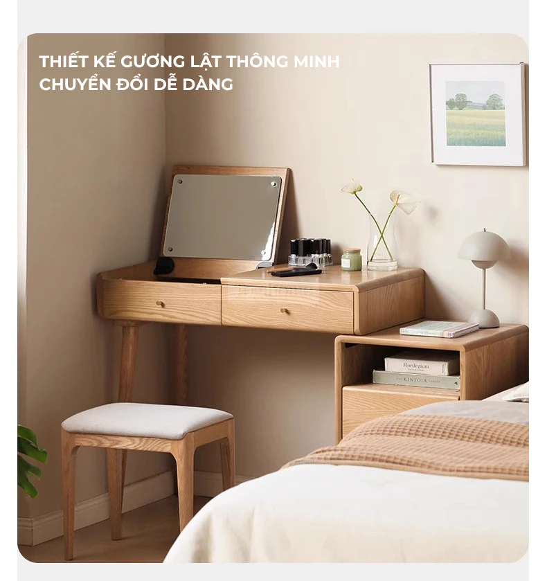 Bàn Trang Điểm Gỗ Tự Nhiên Cao Cấp Togismart TDM152 mang thiết kế hiện đại, sang trọng, phù hợp không gian phòng ngủ tinh tế. Chất liệu gỗ tự nhiên bền chắc, chống cong vênh, kết hợp gương và ngăn kéo tiện lợi, giúp bạn sắp xếp đồ gọn gàng và tạo điểm nhấn đẳng cấp cho căn phòng.