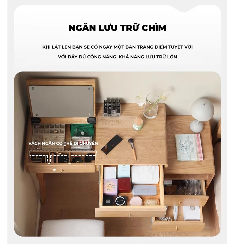 Bàn Trang Điểm Gỗ Tự Nhiên Cao Cấp Togismart TDM152 mang thiết kế hiện đại, sang trọng, phù hợp không gian phòng ngủ tinh tế. Chất liệu gỗ tự nhiên bền chắc, chống cong vênh, kết hợp gương và ngăn kéo tiện lợi, giúp bạn sắp xếp đồ gọn gàng và tạo điểm nhấn đẳng cấp cho căn phòng.