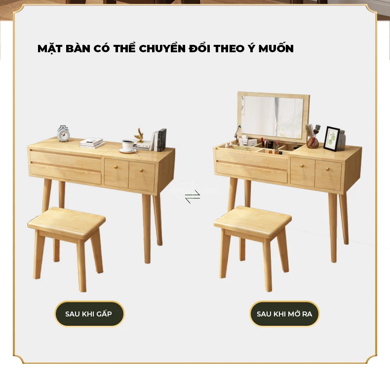 Bàn trang điểm gỗ tự nhiên gương chữ nhật tinh tế đơn giản OpenLiving OTĐ 021 mang đến vẻ đẹp thanh lịch và hiện đại. Chất liệu gỗ tự nhiên bền bỉ, thiết kế gương chữ nhật tinh tế, tạo không gian trang điểm gọn gàng và thẩm mỹ. Lựa chọn hoàn hảo cho phòng ngủ phong cách.