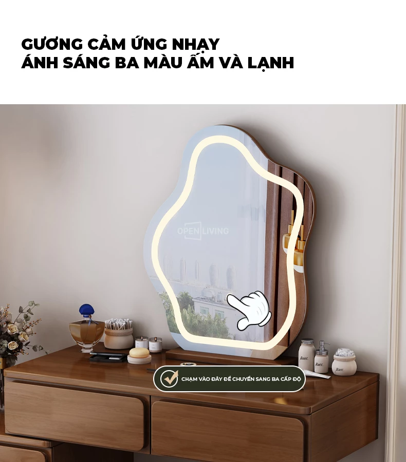 Bàn trang điểm gỗ tự nhiên gương sóng hiện đại OpenLiving OTĐ 019 kết hợp sự sang trọng và độc đáo. Chất liệu gỗ tự nhiên bền bỉ, gương sóng hiện đại, tạo không gian trang điểm thẩm mỹ và tiện dụng. Lựa chọn hoàn hảo để làm nổi bật phòng ngủ của bạn.