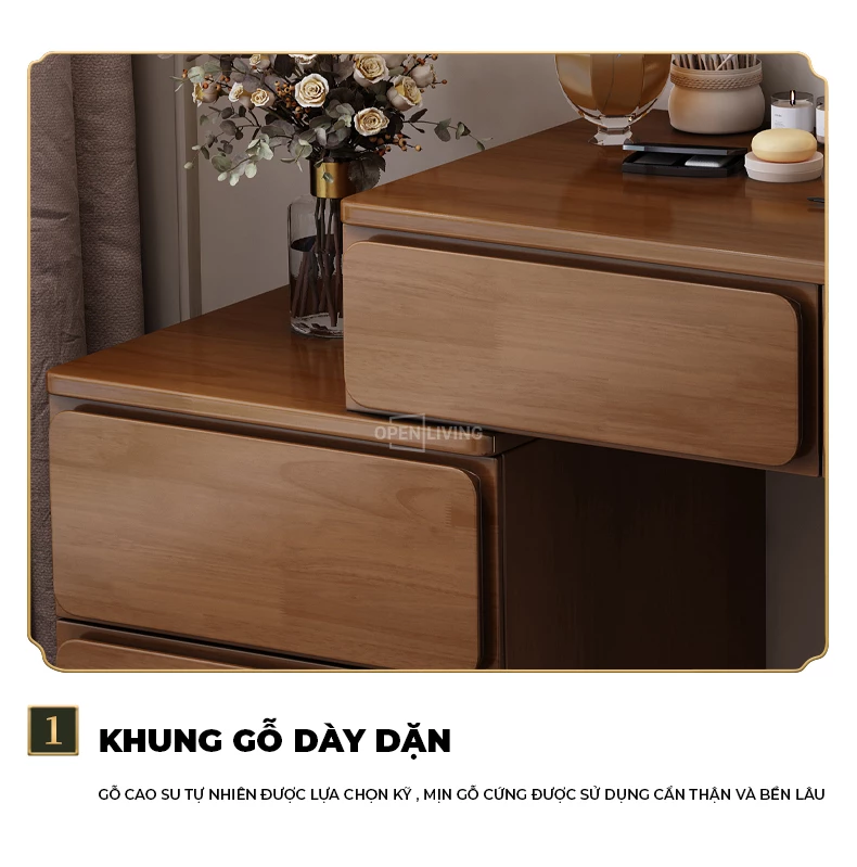 Bàn trang điểm gỗ tự nhiên gương sóng hiện đại OpenLiving OTĐ 019 kết hợp sự sang trọng và độc đáo. Chất liệu gỗ tự nhiên bền bỉ, gương sóng hiện đại, tạo không gian trang điểm thẩm mỹ và tiện dụng. Lựa chọn hoàn hảo để làm nổi bật phòng ngủ của bạn.