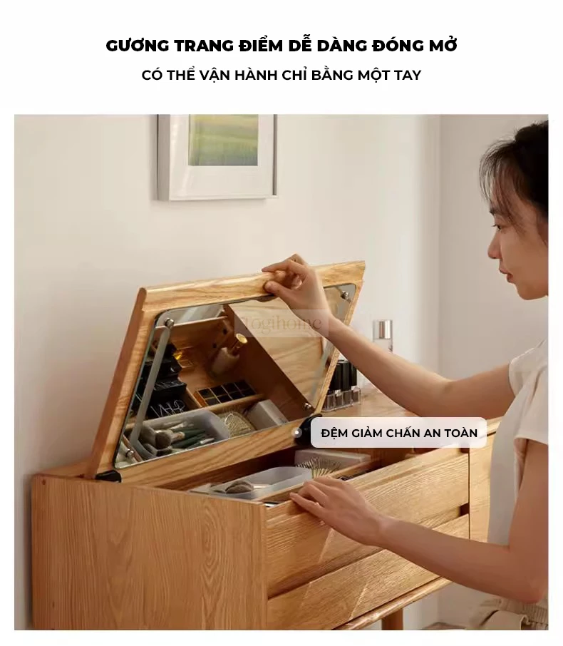 Bàn Trang Điểm Gỗ Tự Nhiên Phong Cách Hiện Đại Togismart TDM153 mang thiết kế tinh tế, sang trọng, phù hợp phòng ngủ trẻ trung. Chất liệu gỗ tự nhiên bền chắc, chống cong vênh, kết hợp gương và ngăn kéo tiện dụng, giúp sắp xếp gọn gàng và tạo điểm nhấn đẳng cấp cho không gian.