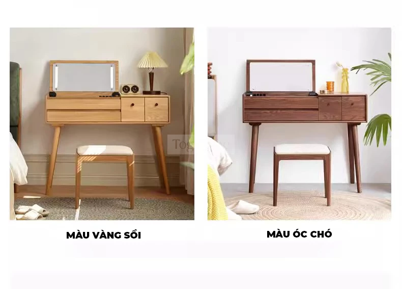 Bàn Trang Điểm Gỗ Tự Nhiên Phong Cách Hiện Đại Togismart TDM153 mang thiết kế tinh tế, sang trọng, phù hợp phòng ngủ trẻ trung. Chất liệu gỗ tự nhiên bền chắc, chống cong vênh, kết hợp gương và ngăn kéo tiện dụng, giúp sắp xếp gọn gàng và tạo điểm nhấn đẳng cấp cho không gian.