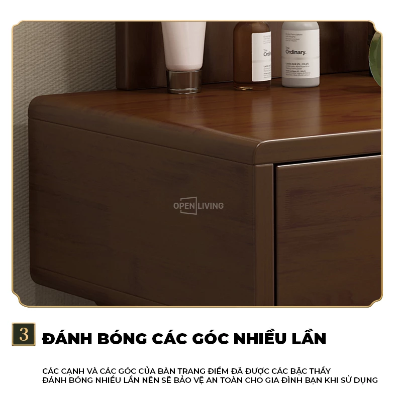 Bàn trang điểm gỗ tự nhiên phong cách tân cổ điển OpenLiving OTĐ 022 kết hợp sự sang trọng và cổ điển. Chất liệu gỗ tự nhiên bền bỉ, thiết kế tinh tế, mang đến không gian trang điểm đẳng cấp và thanh lịch. Lựa chọn hoàn hảo để nâng tầm phòng ngủ của bạn.