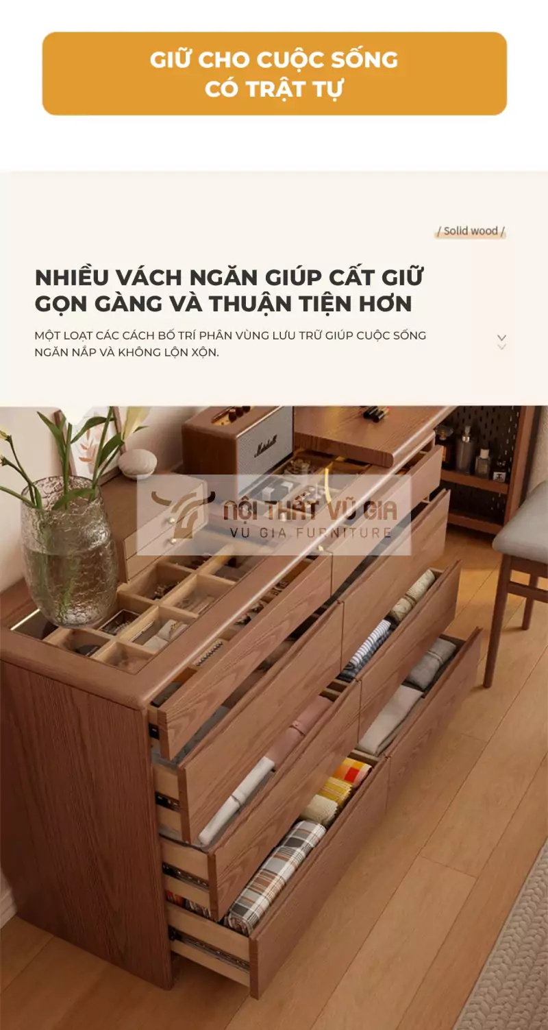 thiết kế kh&ocirc;ng gian lưu trữ rộng r&atilde;i của B&agrave;n trang điểm gỗ tự nhi&ecirc;n sang trọng PN48