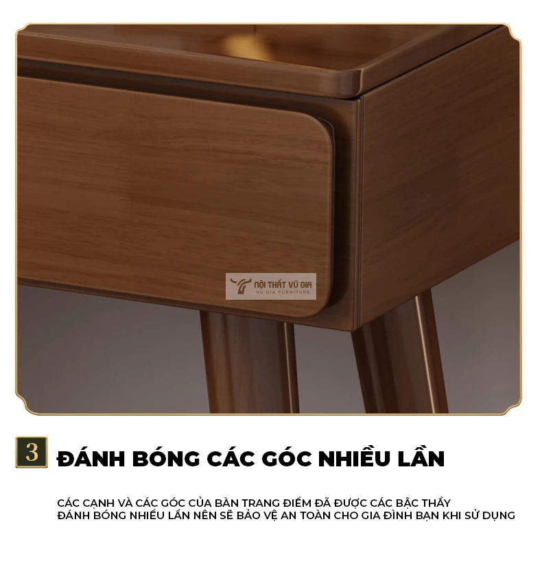 thiết kế bo góc bảo đảm an toàn của Bàn trang điểm gỗ tự nhiên thiết kế đa lưu trữ BR145 sử dụng chất liệu dày dặn