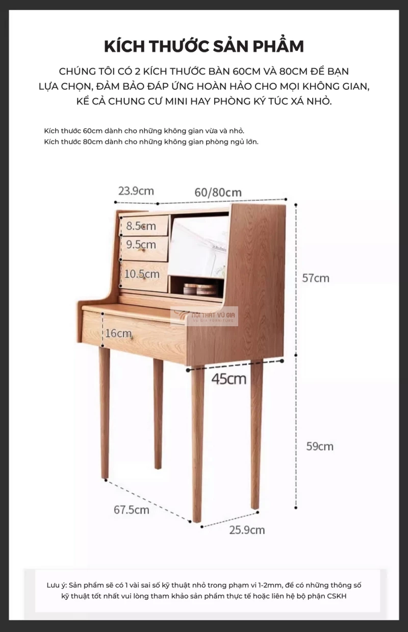kích thước chit tiết của Bàn trang điểm gỗ tự nhiên thiết kế lưu trữ đa năng BR171