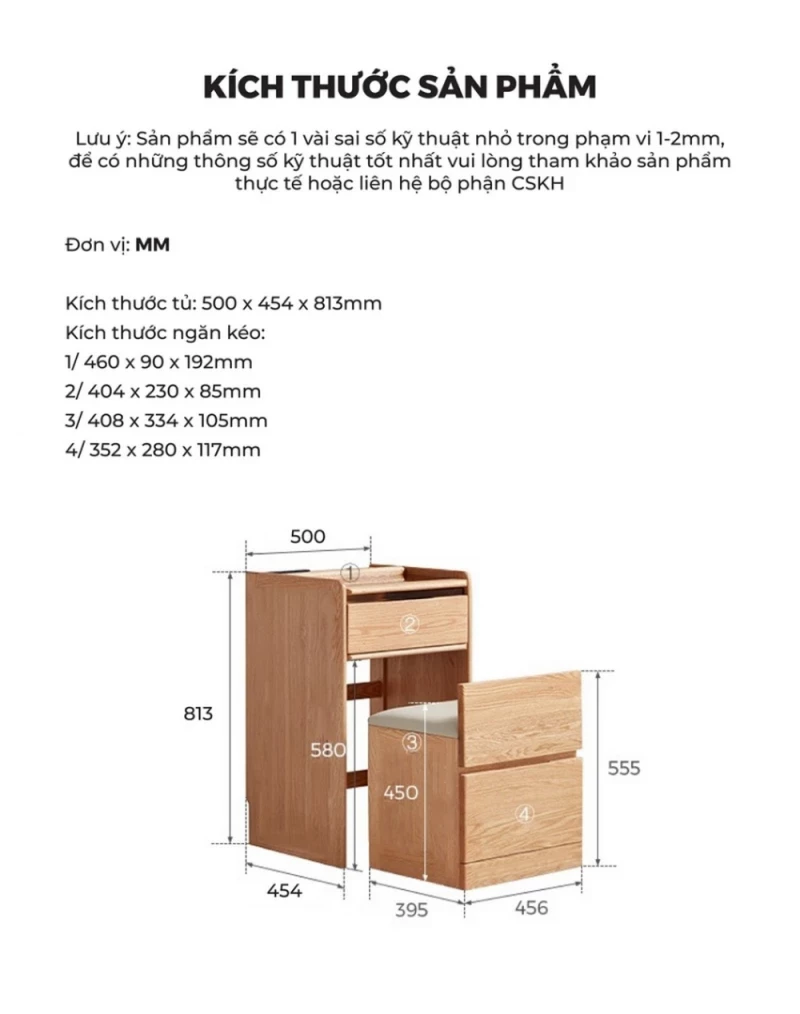 kích thước chi tiết của Bàn trang điểm gỗ tự nhiên thiết kế thông minh, hiện đại BR176