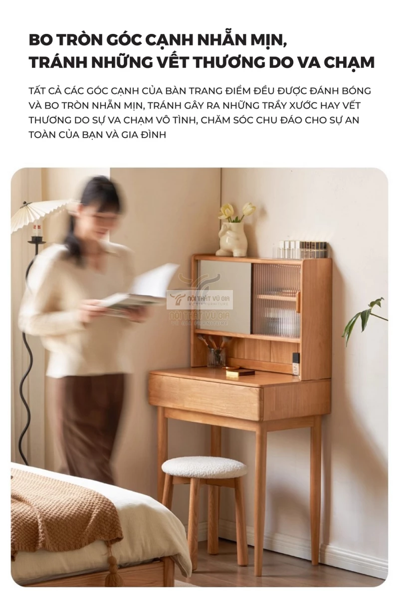 thiết kế bo góc mềm mại của Bàn trang điểm gỗ tự nhiên tích hợp gương hiện đại BR166