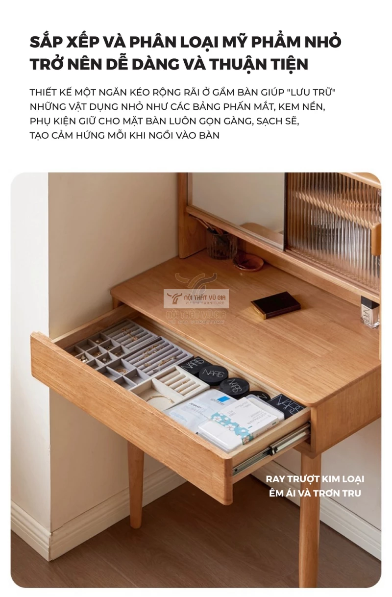 không gian lưu trữ của Bàn trang điểm gỗ tự nhiên tích hợp gương hiện đại BR166