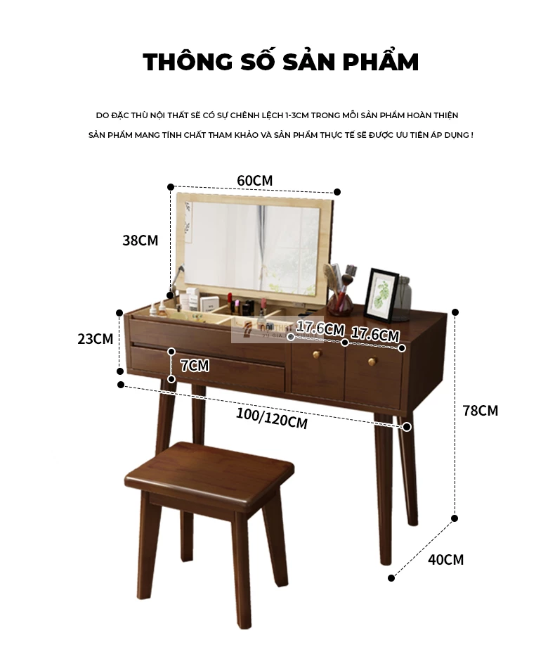 kích thước chi tiết của Bàn trang điểm gỗ tự nhiên tối giản BR143