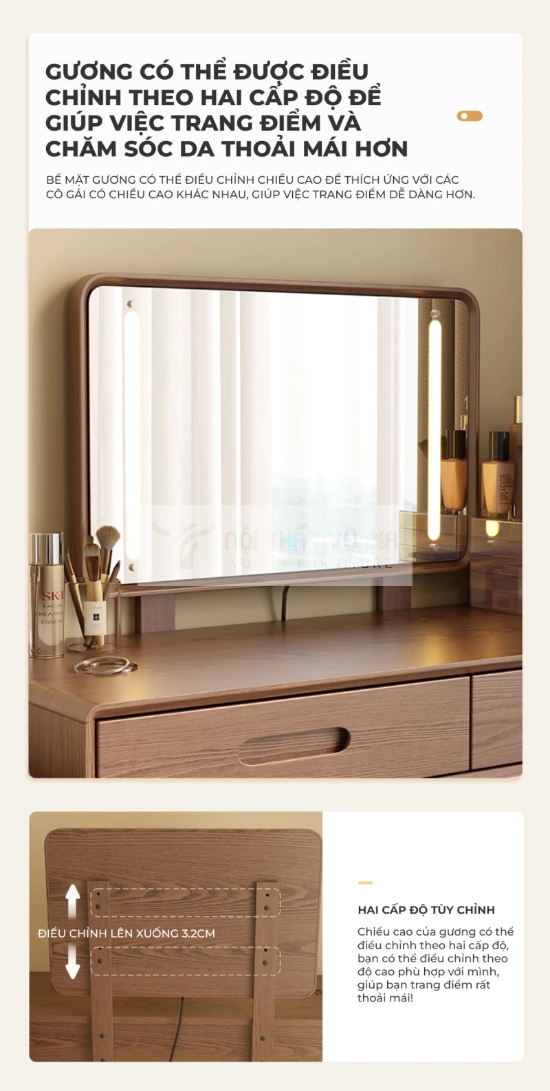 thiết kế điều chỉnh chiều cao gương của Bàn trang điểm gỗ tự nhiên trang nhã PN108