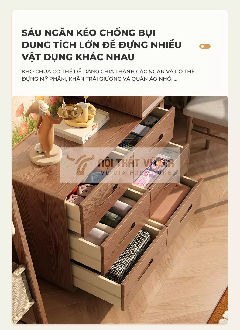 thiết kế nhiều ngăn kéo của Bàn trang điểm gỗ tự nhiên trang nhã PN108 giúp chống bụi hiệu quả 