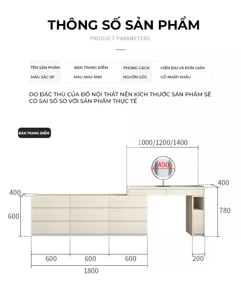 kích thước chi tiết của Bàn trang điểm kết hợp tủ ngăn kéo tiện lợi BR94