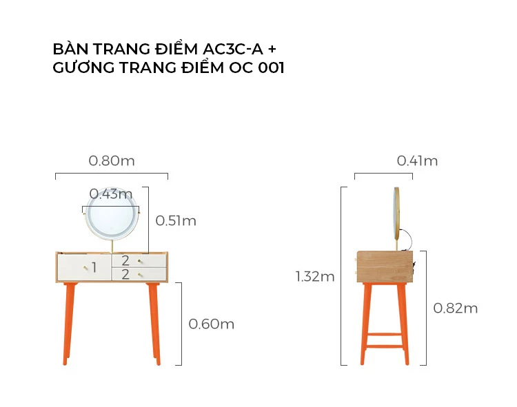 kích thước chi tiết của Bàn trang điểm thiết kế đa lưu trữ hiện đại BR146