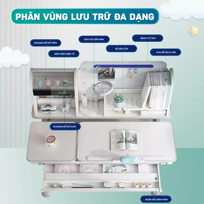 Bộ Bàn Học Thông Minh TOGI Smart T202 với công nghệ ergonomic tiên tiến, mỗi chi tiết của bàn ghế được thiết kế để hỗ trợ vững chắc cho cơ thể, tạo ra một trải nghiệm học tập thoải mái và tiện ích.