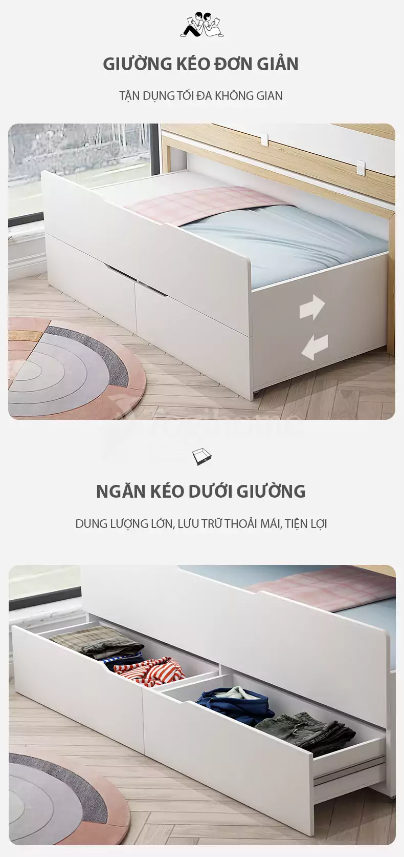 Bộ giường tầng trẻ em GN027 thông minh kết hợp tủ lưu trữ đa năng, kiểu dáng hiện đại với thiết kế giường kéo thông minh